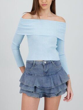 SHASA Baby Blue Ribbed Off Shoulder Knit Sweater Size S New With Tags